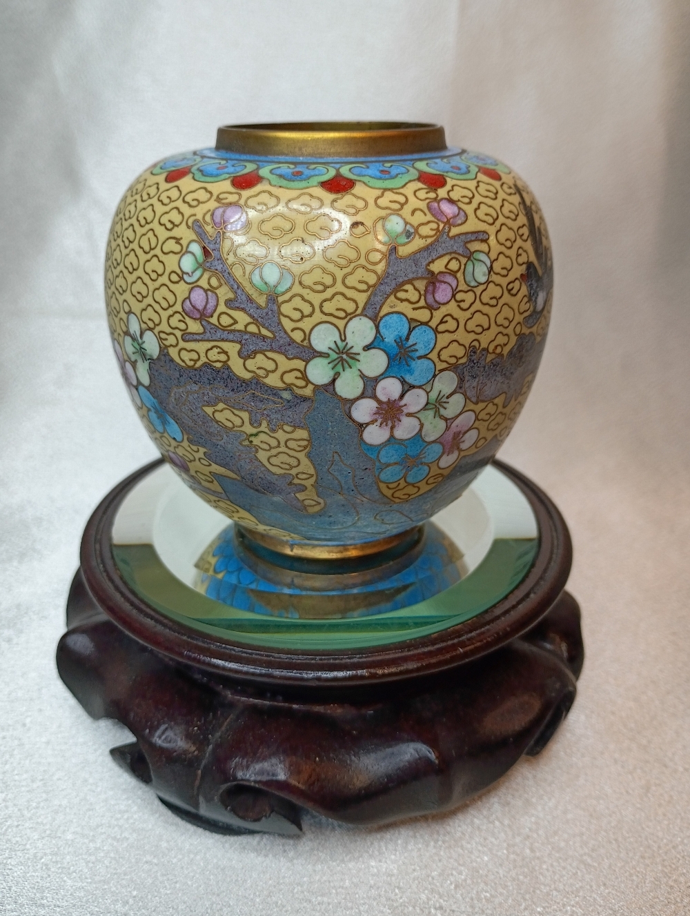 Vintage Cloisonné Floral Ginger Jar Vase - Yellow, Blue, Pink